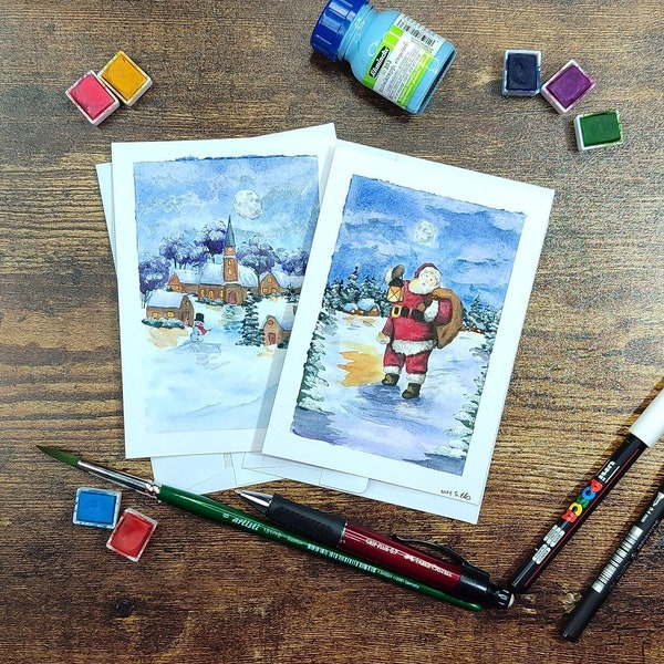 Weihnachtskarten Set Originale mit Aquarellfarben  handgemalt mit Briefumschlägen, Weihnachtspostkarten, Winterkarte, Wintermotiv