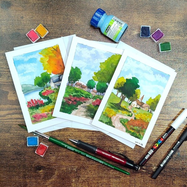 Landscape postcard set, original hand painted with watercolor and with envelope, spring cards, summer card set, gifts