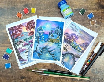 Snow landscape postcard set original hand painted with watercolors with envelopes, winter landscape, greeting card, gifts, pictures