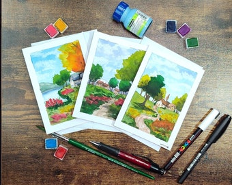 Landscape postcard set, original hand painted with watercolor and with envelope, spring cards, summer card set, gifts