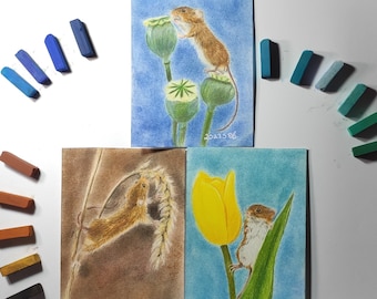 Kleine Maus 3er Set mit Buntstiften gezeichnet A6, Buntstiftkunst, Portrait, Tierzeichnung, Wildtiere Kunst, Wandbilder, Wandkunst