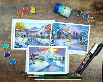Winterlandschaft Postkarten Set kein Druck Original handgemalt mit Aquarell mit Briefumschläge, Schneelandschaft, Grußkarte, Geschenke