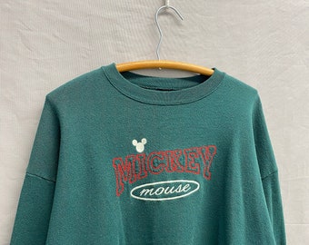Large / 1990s Mickey Mouse Disney Forest Green Embroidered Crewneck Sweatshirt USA Made