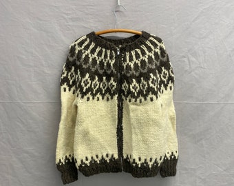 Small / 1960s Hand Knitted Cowichan Sweater Brown/White Nordic Ideal Zipper
