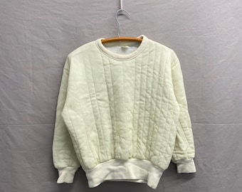 Small / 1970s Quilted Puffy Polyester Filled Two Tone White/Tan Crewneck Sweatshirt