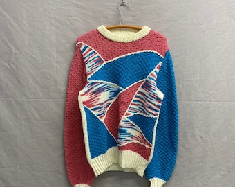 Large / 1980s Abstract Acrylic Pastel Pink/Blue Retro White Knitted Sweater