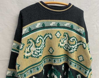 Large / 1980s Towncraft Acrylic Soft Black/Green/Tan Patterned Grunge Knit Sweater
