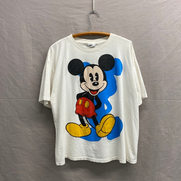 Large / 1990s Mickey Mouse Disney Big Print White T Shirt USA Made