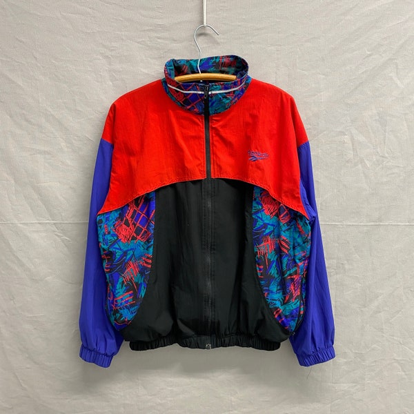 Medium / 1980s Reebok Multi Color Retro Red Reflective Zip Up Windbreaker Jacket