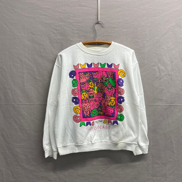 Small / 1990s Chicago Pig Out Art Colorful White Crewneck Sweatshirt