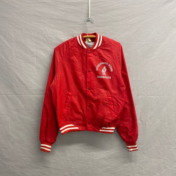 Medium / 1980s Red Satin Button Up Coronado Dons Baseball High School Snap Up Cotton Lined Jacket