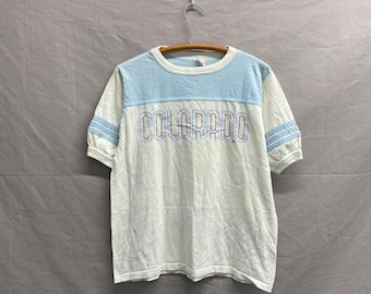 Small / 1970s/80s Colorado Tri Tone Location Blue White Stripe Sleeve Shirt