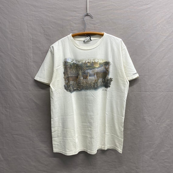 Large / 1990s Deer Farm Nature Art White T Shirt - image 2
