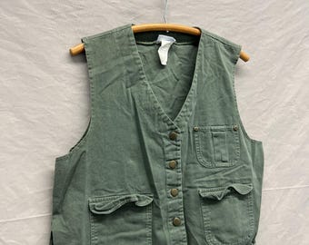 Medium / 1980s Utility Vest Olive Green 100% Cotton Outdoor Fishing/Hunting Button Up Vest