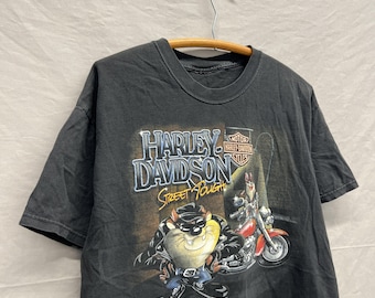 Large / Vintage Harley Davidson Street Tough Taz Looney Tunes Black Biker T Shirt