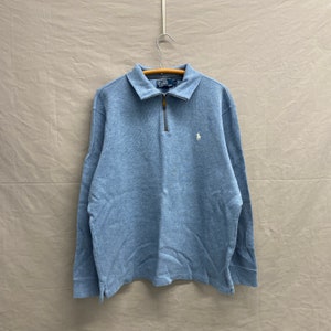 X-Large / Vintage Polo RL Quarter Zip Plain Light Blue White Pony Cotton Knit Sweater