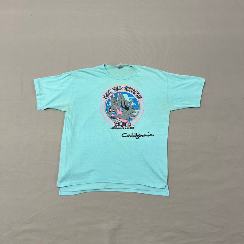 X-Large / 1980s Boy Watchers Club Looking for a hunk Beach Surf Aqua T Shirt image 1