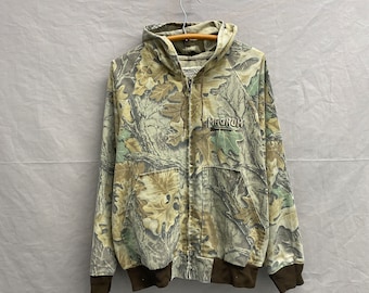 Medium / 1980s Realtree Camouflage Faded Two Tone Camo/Brown Thin Cotton Zip Up Bomber Jacket