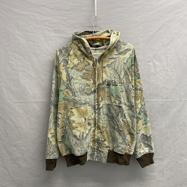 Medium / 1980s Realtree Camouflage Faded Two Tone Camo/Brown Thin Cotton Zip Up Bomber Jacket