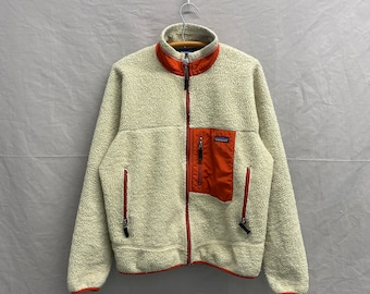 Medium / Vintage Patagonia Deep Pile Retro-X Fleece Jacket Natural & Red/Orange Men&#39;s Zip Up Jacket