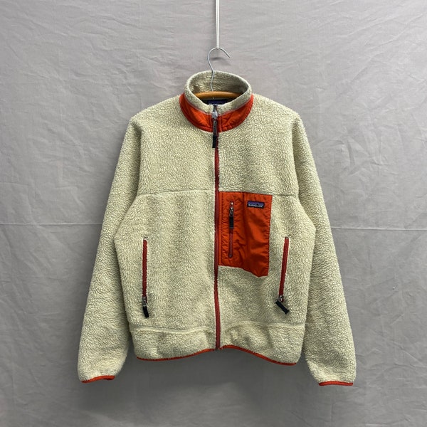 Medium / Vintage Patagonia Deep Pile Retro-X Fleece Jacket Natural & Red/Orange Men's Zip Up Jacket