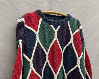 Large / Vintage Multi Color Cable Knit Heavy Cotton Sweater