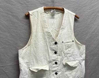 Medium / 1980s Utility Vest White 100% Cotton Outdoor Fishing/Hunting Button Up Vest