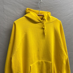 Large / 1970s Yellow Blank Boxy Distressed Hoodie Sweatshirt USA Made