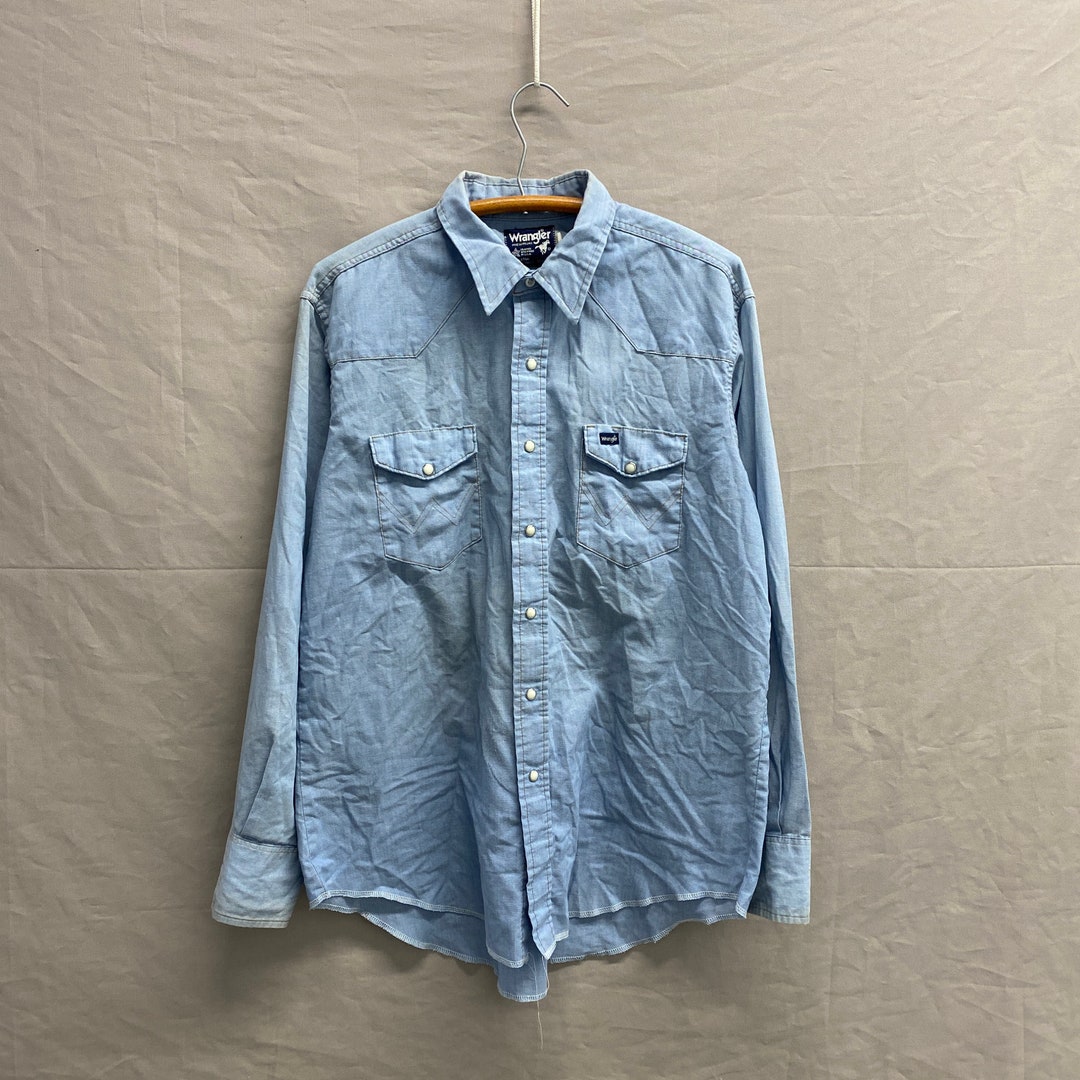 1980s Wrangler Pearl Snap Chambray Distressed Snap up Western Long ...