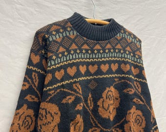 Small / 1980s Orange/Black/Green Flowers Hearts Fall Acrylic Knit Sweater USA Made