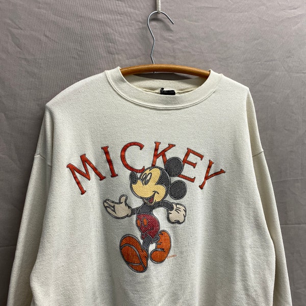 Large / 1990s Mickey Mouse Disney White Crest Crewneck Sweatshirt USA Made