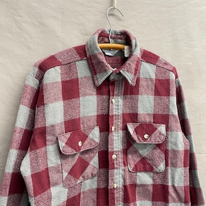Large / 1980s Five Brother Maroon/Grey Plaid 100% Cotton Button Up Long Sleeved Shirt USA Made