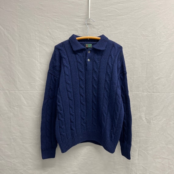 X large 1980s Abercrombie Fitch Navy Blue Cable Knit Henley Collared Sweater Etsy