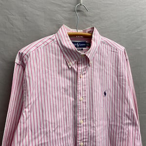 Large / 1990s Polo RL Pink/White Striped Button Up Classic Fit Polo Long Sleeved Shirt Sz 16-1/2 34/35