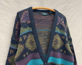 Large / 1980s Earth-toned Boho Geometric Acrylic Soft Knit Cardigan Sweater