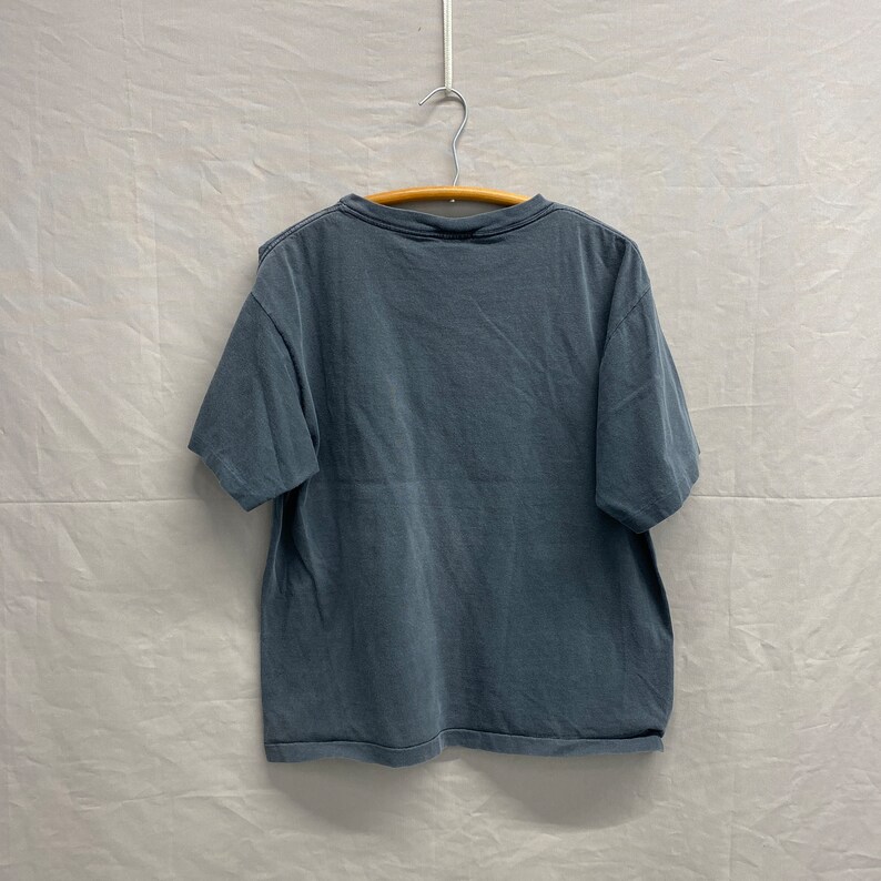 May include: A blue short-sleeved t-shirt hanging on a wooden hanger against a white background.
