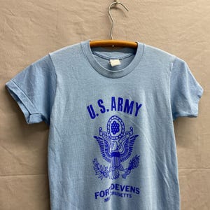 Small / 1970s US Army Fort Devens MA Baby Blue Military T Shirt USA Made