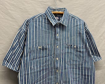 Groot Dickies gestreept 100% katoenen werkshirt met korte mouwen en knopen uit de jaren 90