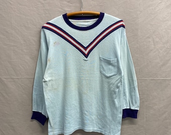 Medium / 1960s Two Tone Baby Blue/Navy V Striped 100% Cotton Long Sleeved Pocket T Shirt
