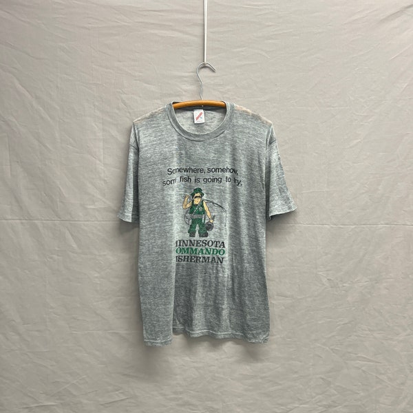 X-Large / 1980s Minnesota Commando Fisherman Paper Thin Sheer Grey Vintage T Shirt