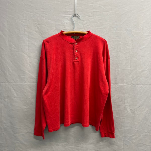 Large / Vintage Eddie Bauer Red Thermal Henley Striped Heavy Cotton Boxy Drop Shoulder Shirt