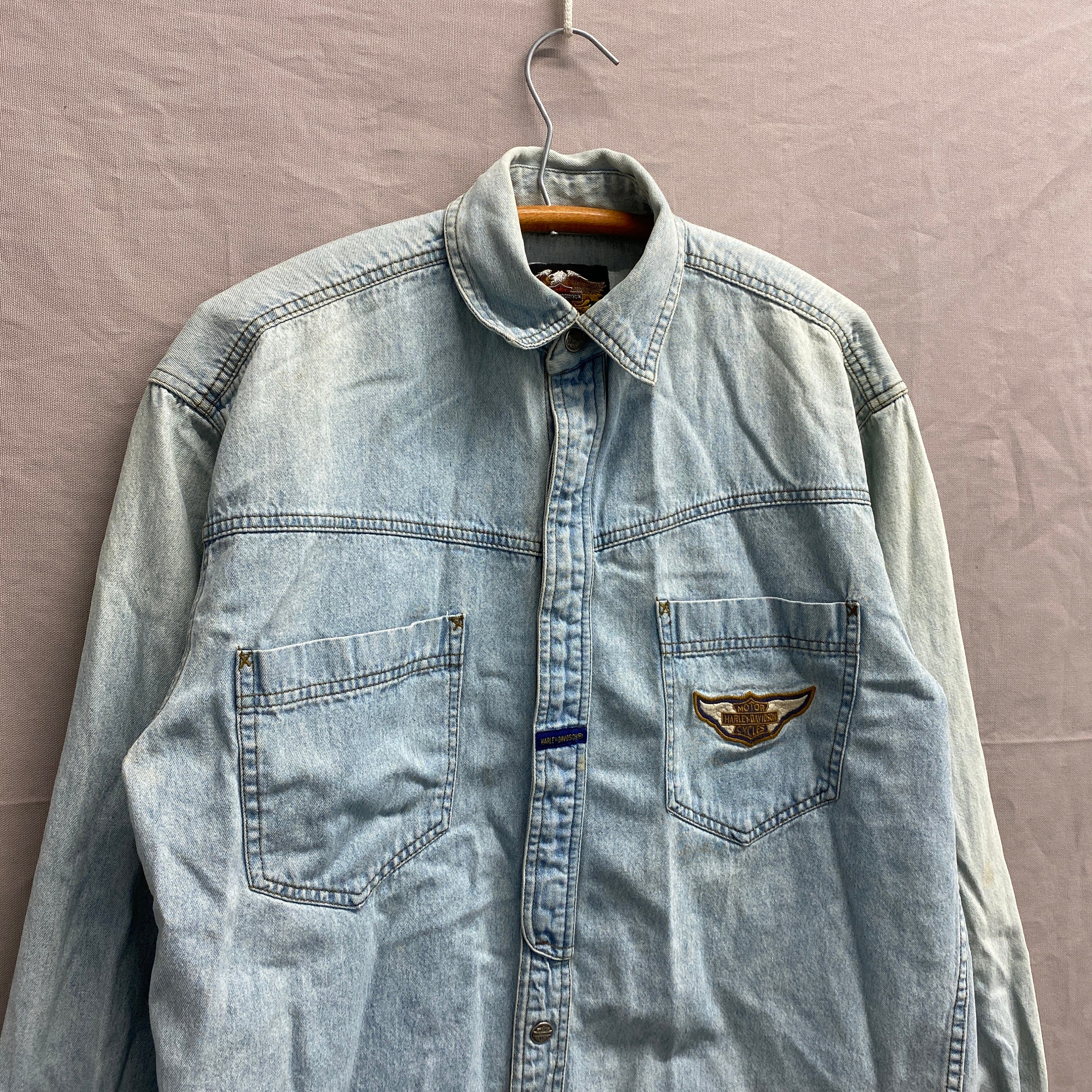トップス 90s-00s HARLEY-DAVIDSON denim shirts Vintage 90s Harley Davidson Denim Shirt Sz M Women Short