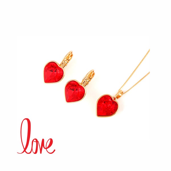 Red crystal heart Earrings and Necklace set, january birthstone,18k gold plated jewelry set, gift for her, red heart jewelry set