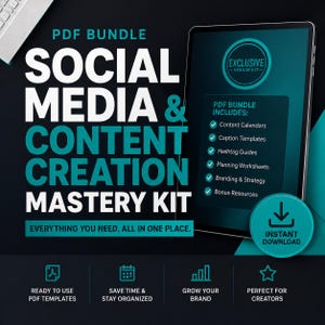 May include: A digital marketing PDF bundle titled "Social Media & Content Creation Mastery Kit." The teal and white text is displayed on a dark background. The bundle includes content calendars, caption templates, hashtag guides, planning worksheets, branding & strategy, and bonus resources.