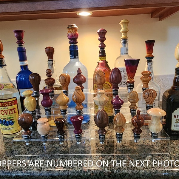 Hand Turned Artistic Wooden Bottle Stoppers with quality stainless steel stoppers (Wine and/or Whiskey).