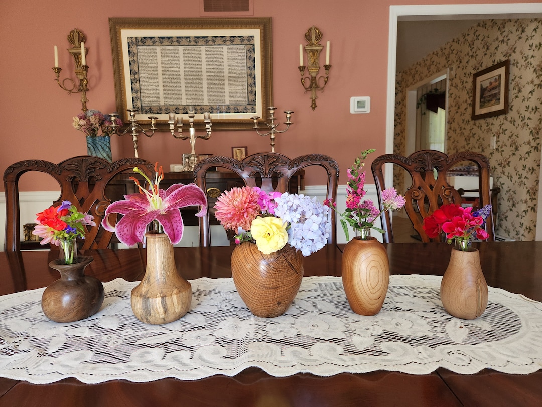 Five 5 Hand Turned Wooden Budvases With Glass Inserts Etsy