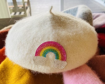 CUSTOM WOOL BERET, Personalized Wool Beret Rainbow, Wool Beret, Warm Gift for Her, Beret for Women, Valentine Gift for Her