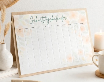 Printable annual birthday calendar | Floral watercolor design, A4 landscape format