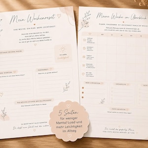 Op de afbeelding: Twee beige en witte plannerpagina's met Duitse tekst en bloemaccenten. Eén pagina heet "Mein Wochenreset" en de andere "Meine Woche im Überblick". Een sticker luidt "5 Seiten für weniger Mental Load und mehr Leichtigkeit im Alltag."