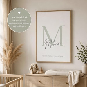 Könnte beinhalten: Ein gerahmter Druck mit dem Namen "Melina" in Schreibschrift unter einem großen, salbeigrünen "M". Der Druck enthält Geburtsdatum, Uhrzeit, Größe (54 cm) und Gewicht (3700 g) des Kindes. Der Druck befindet sich in einem Kinderzimmer.